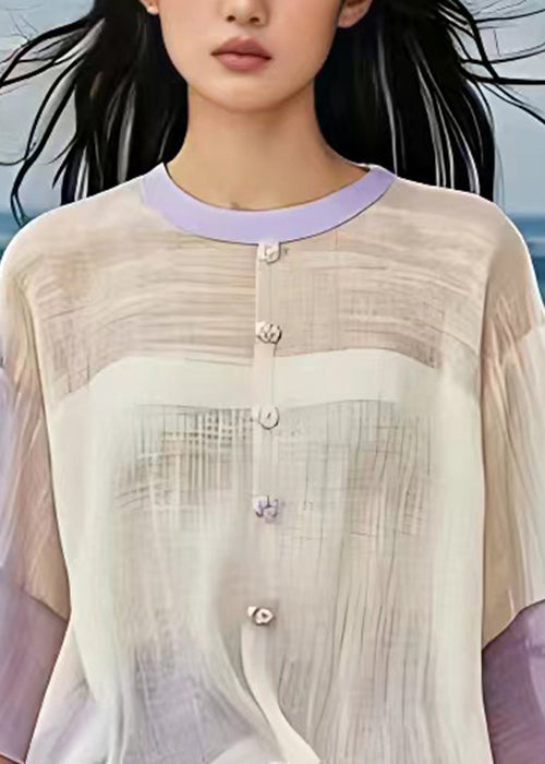 Beige O Neck Button Patchwork Cotton Shirt Half Sleeve
