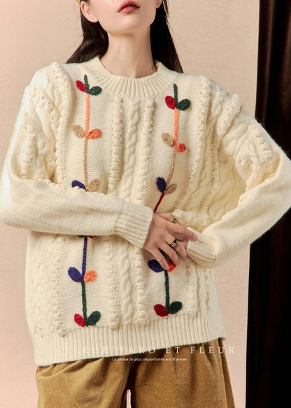 Beige O Neck Cozy Cable Knit Sweater Winter