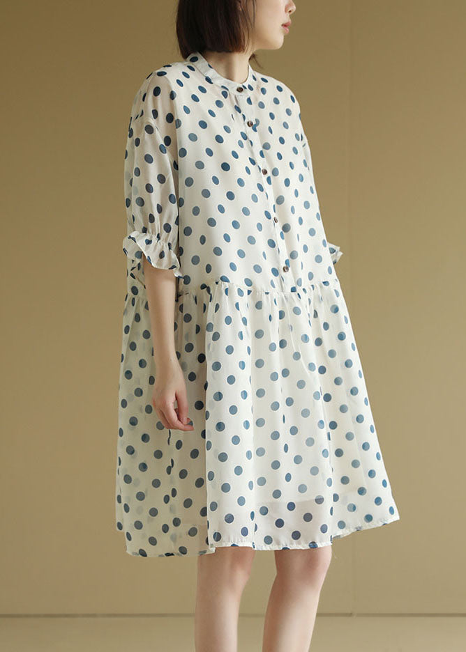 Beige O-neck Dot Print Chiffon Maxi Dresses Half Sleeve