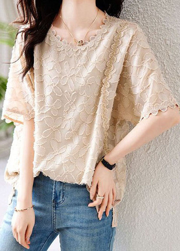 Beige O Neck Embroideried Patchwork Chiffon Shirts Summer