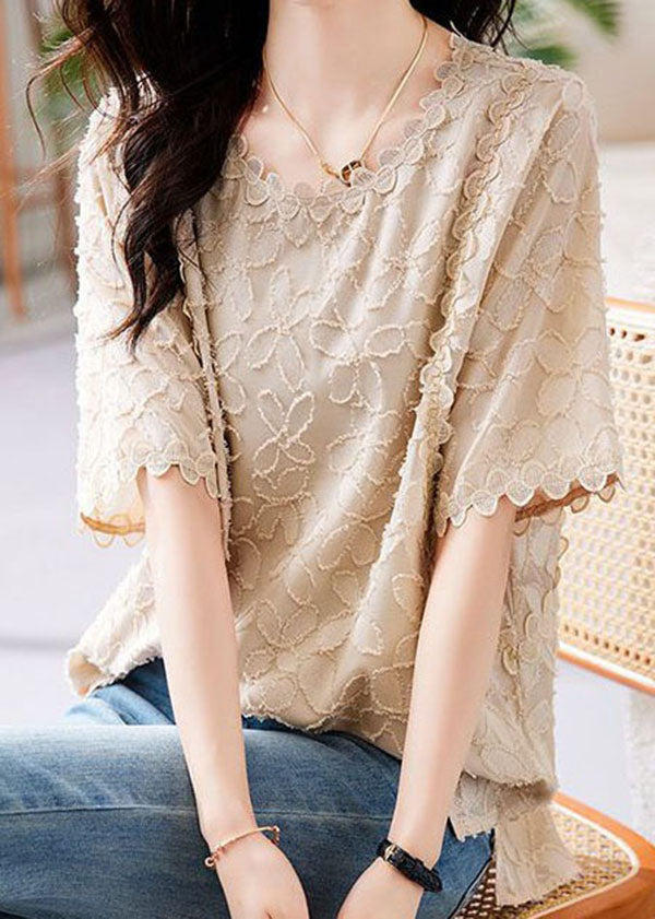 Beige O Neck Embroideried Patchwork Chiffon Shirts Summer