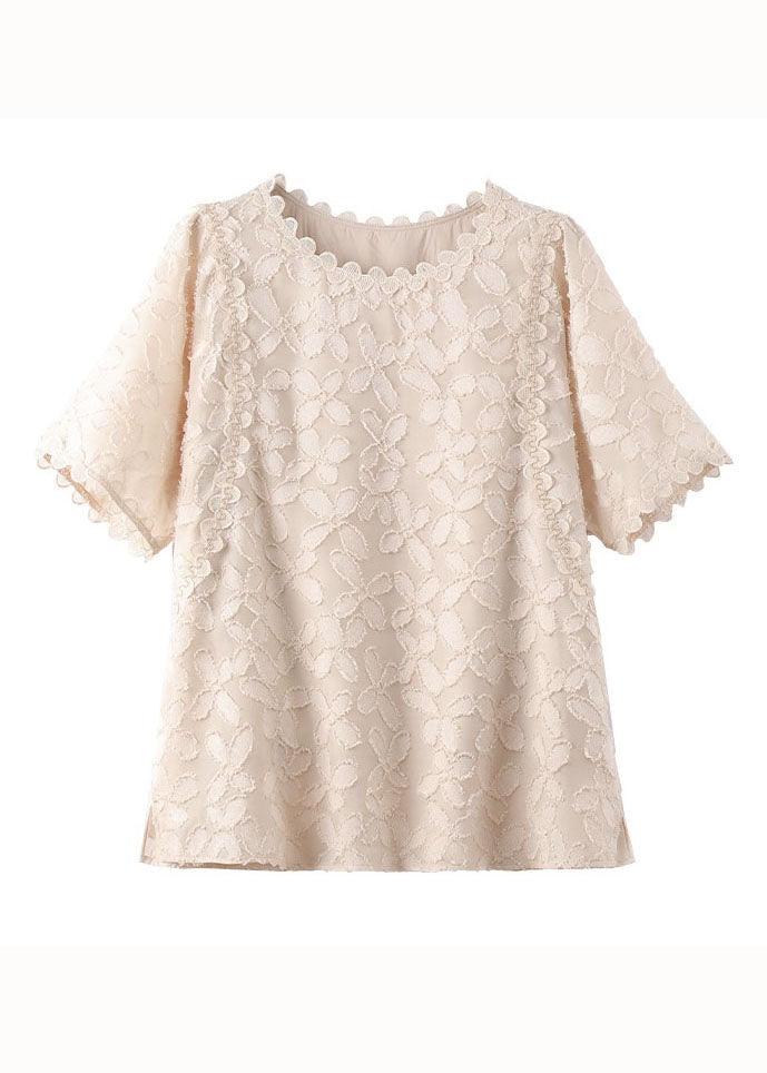 Beige O Neck Embroideried Patchwork Chiffon Shirts Summer
