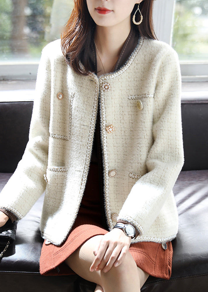 Beige O-neck Plaid Cotton Coats Spring