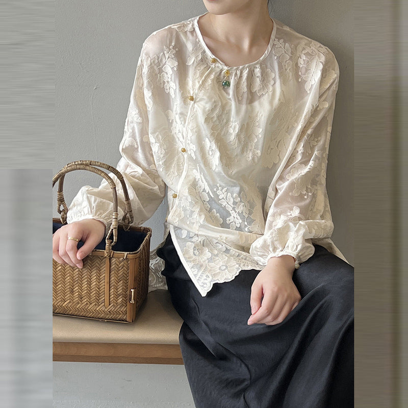 Beige O-neck Print Chiffon Shirts Long Sleeve