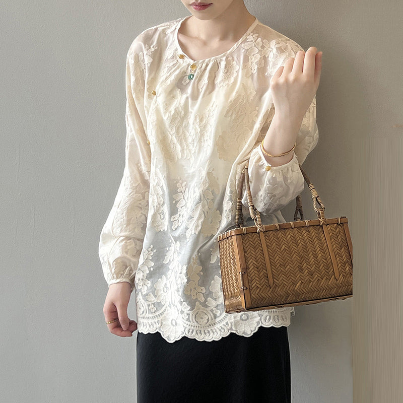 Beige O-neck Print Chiffon Shirts Long Sleeve
