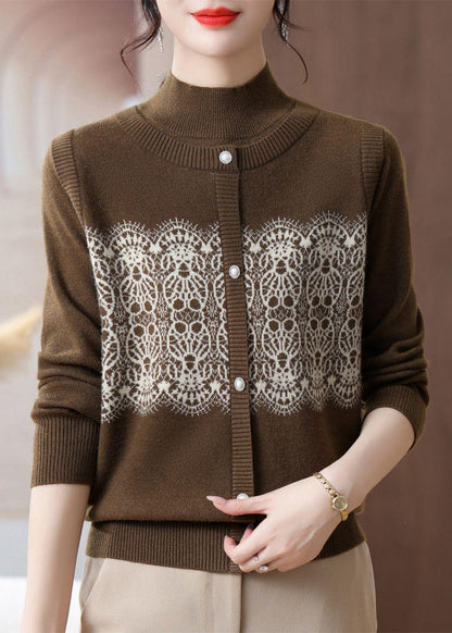 Beige O Neck Print Patchwork Woolen Sweater Spring
