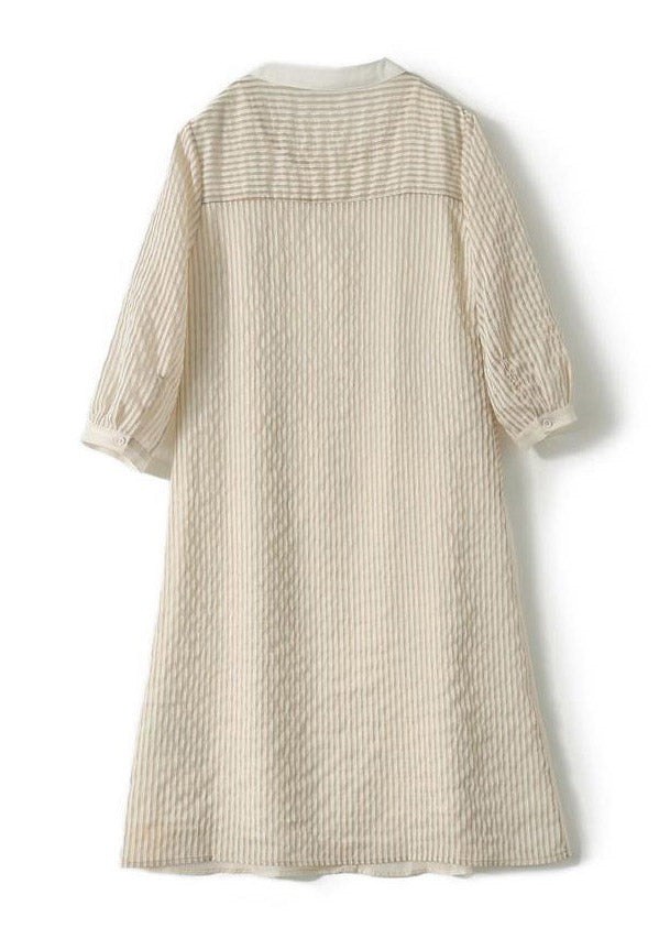 Beige O-neck Striped Pockets Fake Two Pieces Tulle Dresses Long Sleeve