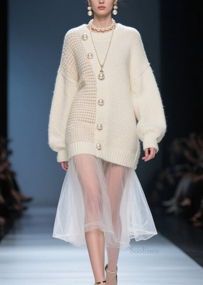 Beige O Neck Tulle Patchwork Knit Sweater Dress Fall