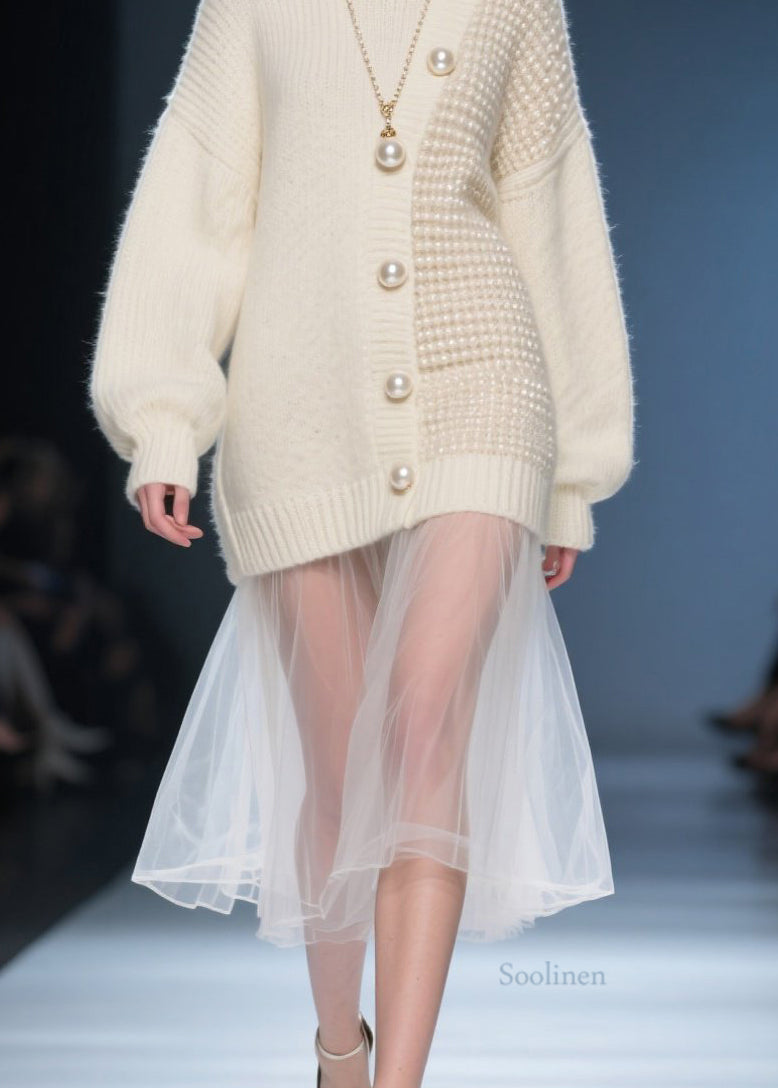 Beige O Neck Tulle Patchwork Knit Sweater Dress Fall