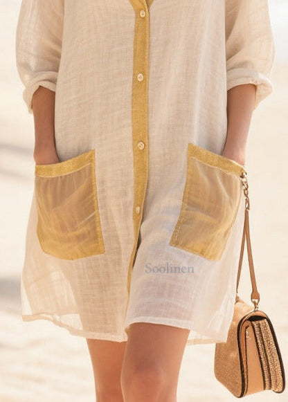 Beige Oversized Patchwork Cotton Mid Dress Summer