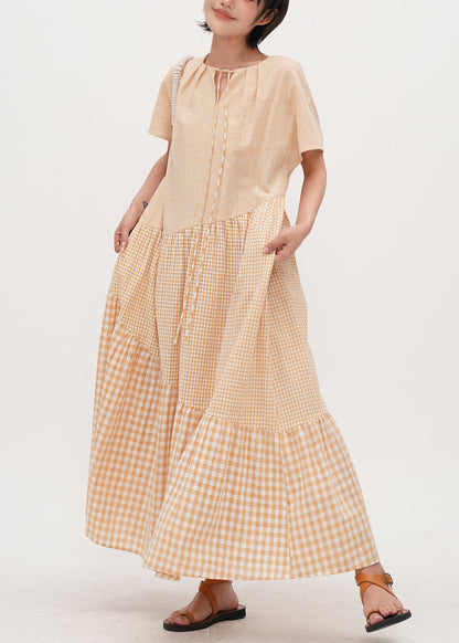 Beige Oversized Patchwork Plaid Cotton Dresses Summer