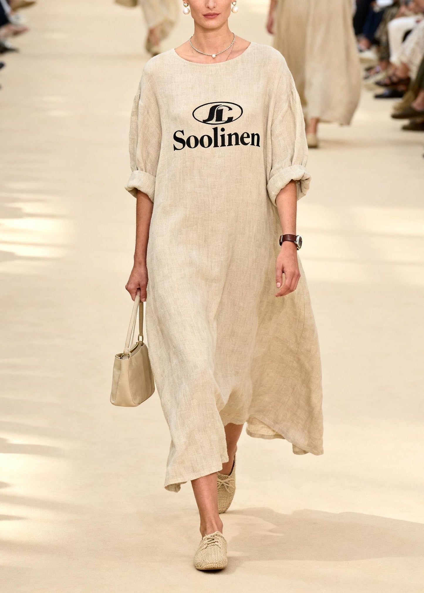 Beige Oversized Print Linen Long Dress Summer