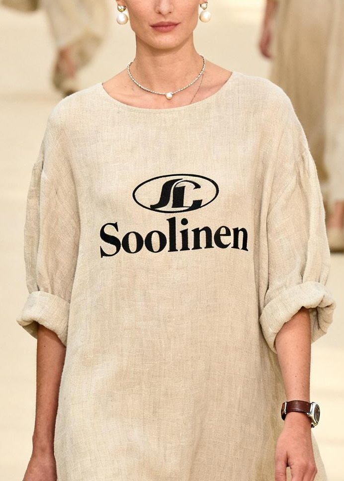 Beige Oversized Print Linen Long Dress Summer