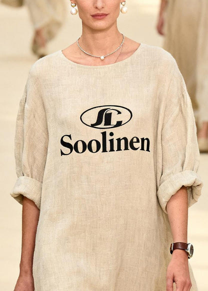 Beige Oversized Print Linen Long Dress Summer