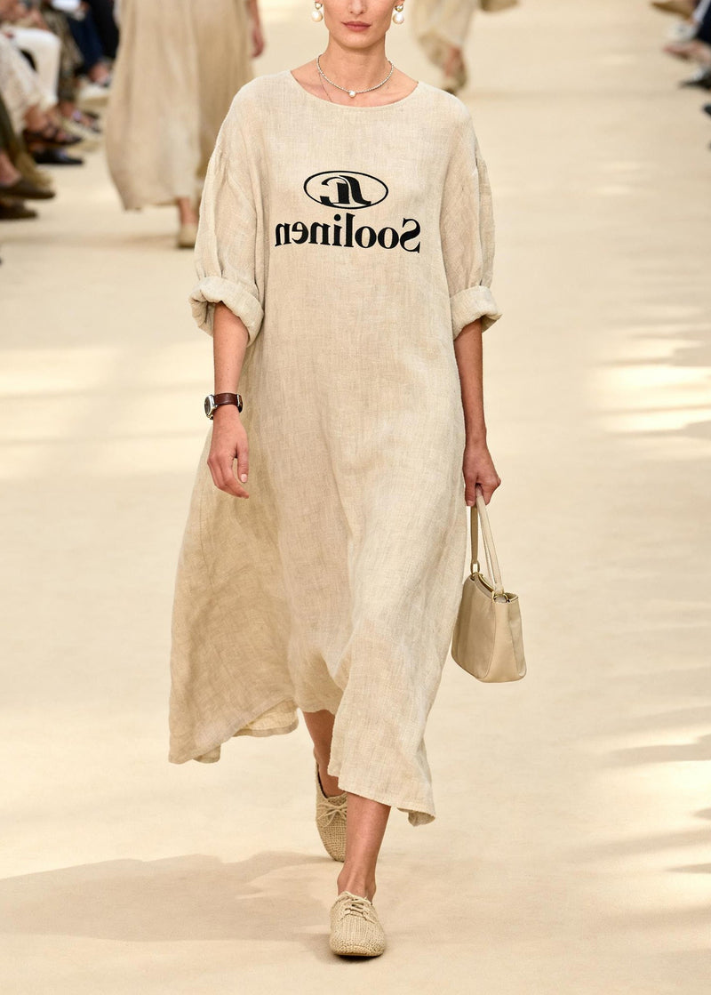 Beige Oversized Print Linen Long Dress Summer