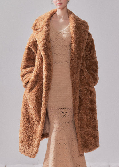 Beige Peter Pan Collar Pockets Faux Fur Long Coats Winter