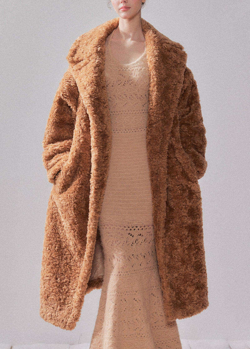 Beige Peter Pan Collar Pockets Faux Fur Long Coats Winter