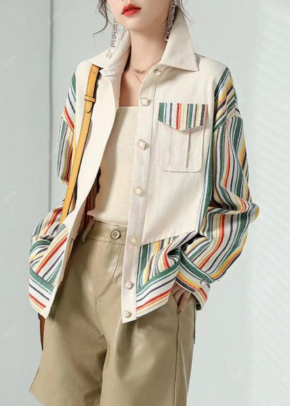 Beige Peter Pan Collar Pockets Striped Patchwork Cotton Coat Fall
