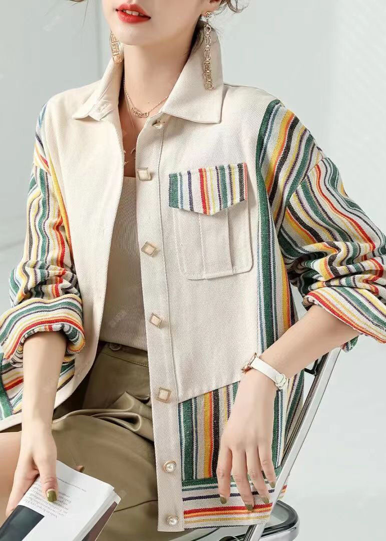 Beige Peter Pan Collar Pockets Striped Patchwork Cotton Coat Fall