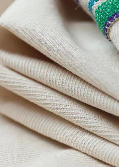Beige Peter Pan Collar Pockets Striped Patchwork Cotton Coat Fall