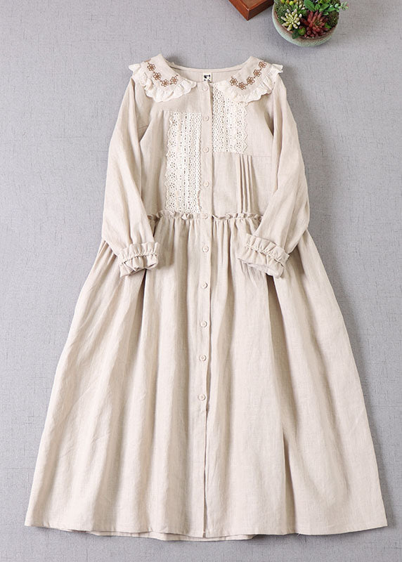 Beige Peter Pan Collar Ruffled Linen Dress Spring