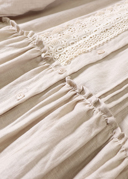 Beige Peter Pan Collar Ruffled Linen Dress Spring