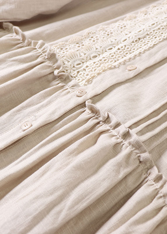 Beige Peter Pan Collar Ruffled Linen Dress Spring
