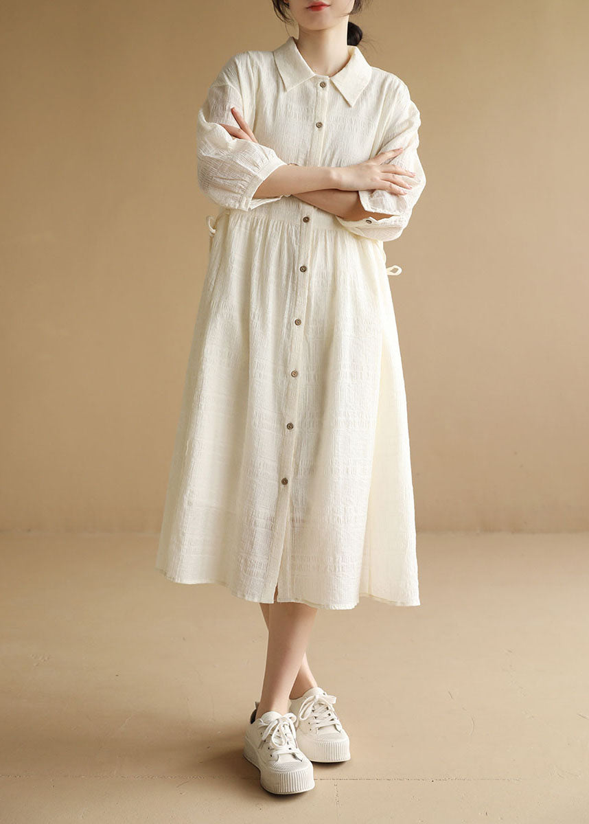 Beige Peter Pan Collar Wrinkled Drawstring Long Dresses Bracelet Sleeve