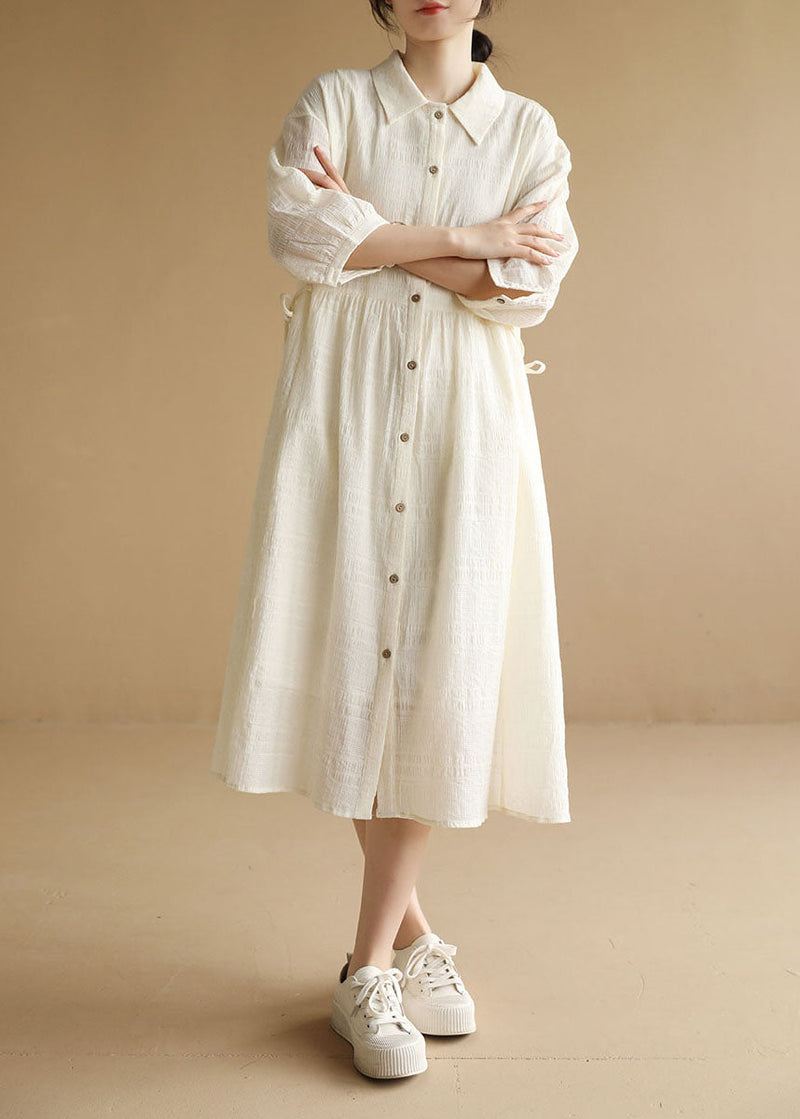 Beige Peter Pan Collar Wrinkled Drawstring Long Dresses Bracelet Sleeve