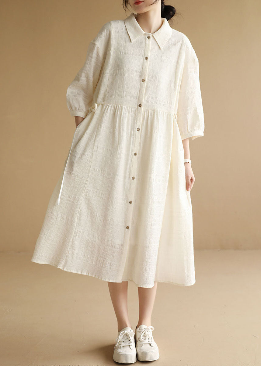 Beige Peter Pan Collar Wrinkled Drawstring Long Dresses Bracelet Sleeve