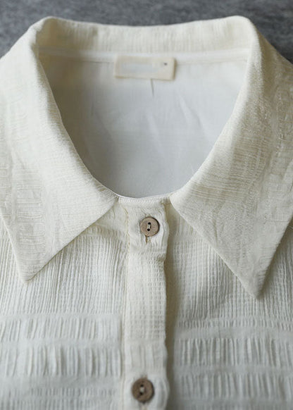 Beige Peter Pan Collar Wrinkled Drawstring Long Dresses Bracelet Sleeve