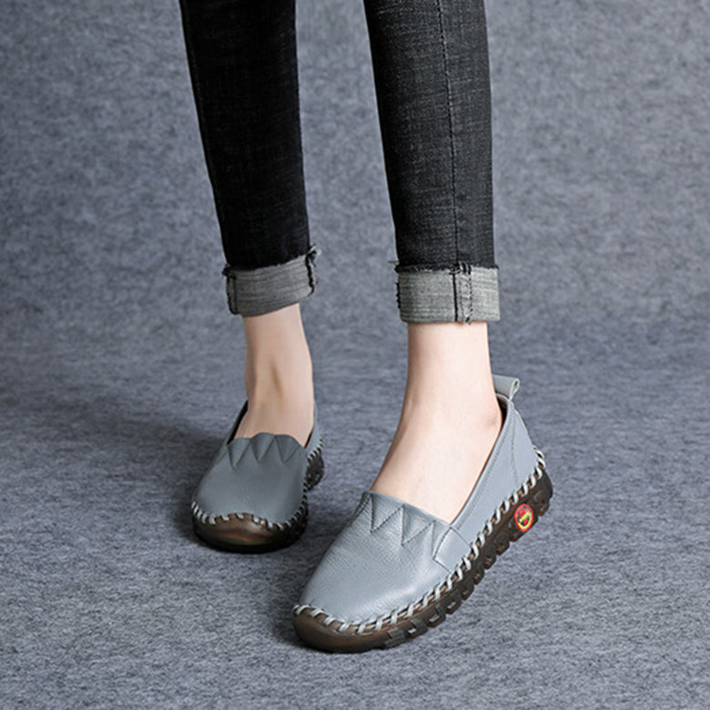 Beige Platform Flat Shoes for Cowhide Leather