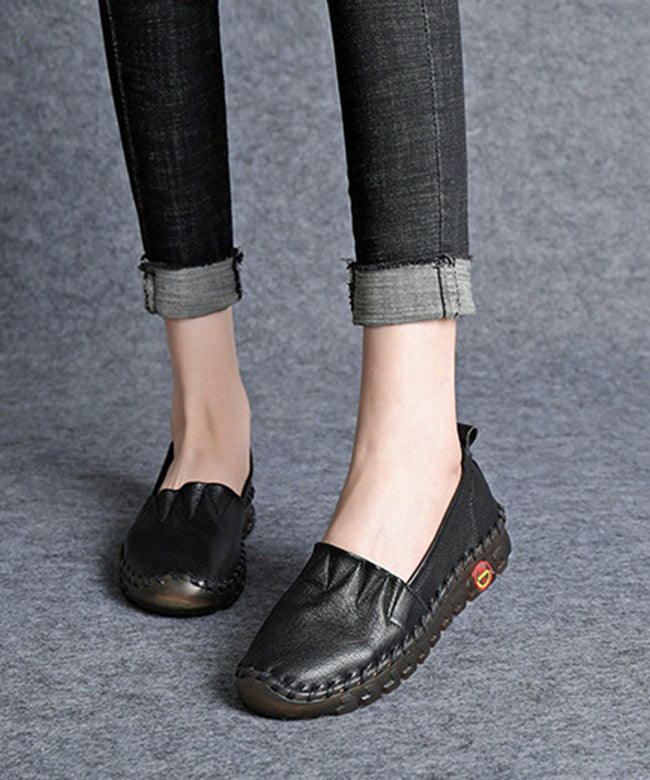 Beige Platform Flat Shoes for Cowhide Leather