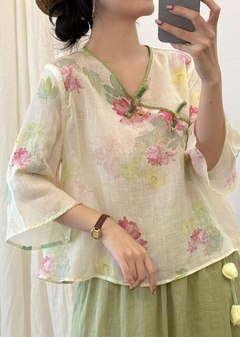 Beige Print Button Linen T Shirt Three Quarter Sleeve