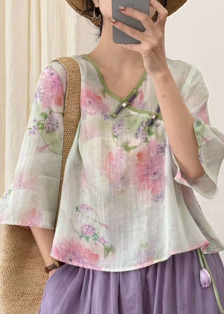 Beige Print Button Linen T Shirt Three Quarter Sleeve