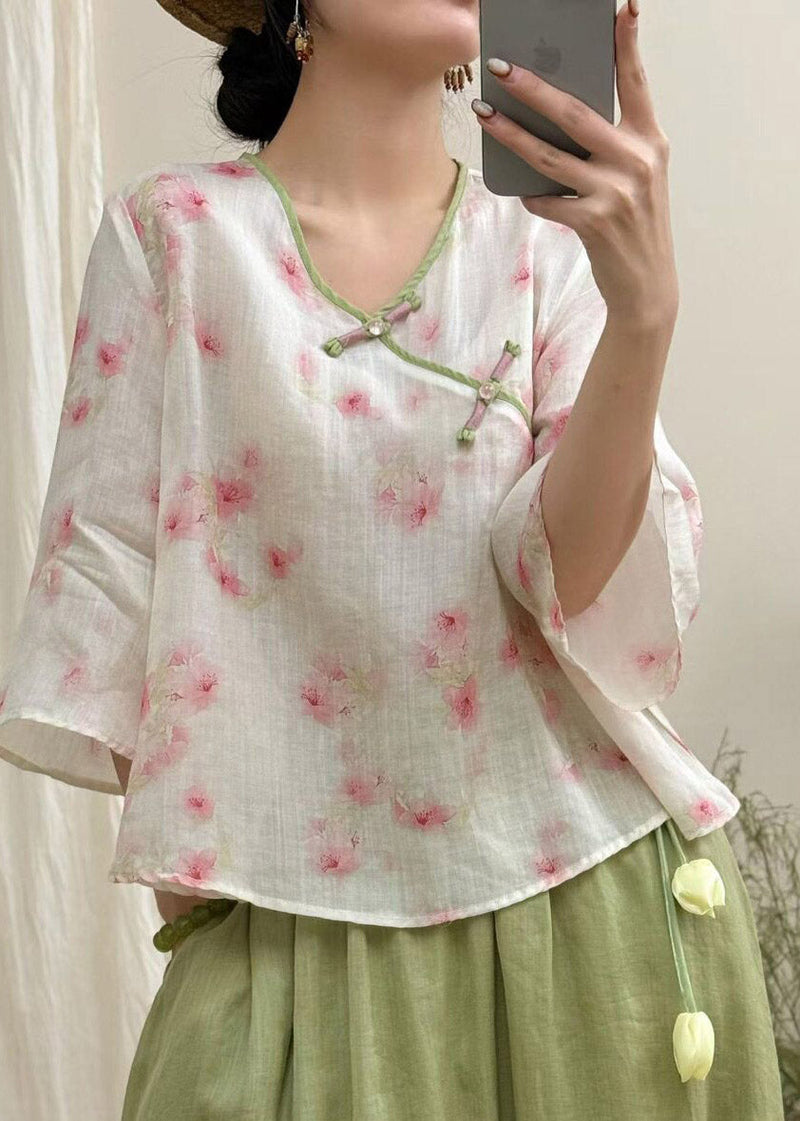 Beige Print Button Linen T Shirt Three Quarter Sleeve
