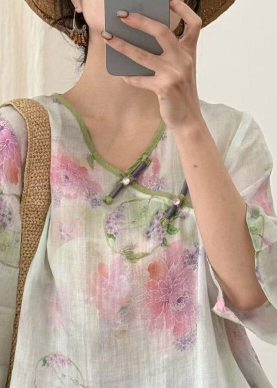 Beige Print Button Linen T Shirt Three Quarter Sleeve
