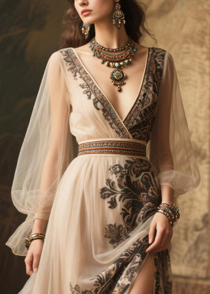 Beige Print Exra Large Hem Chiffon Holiday Dress Summer