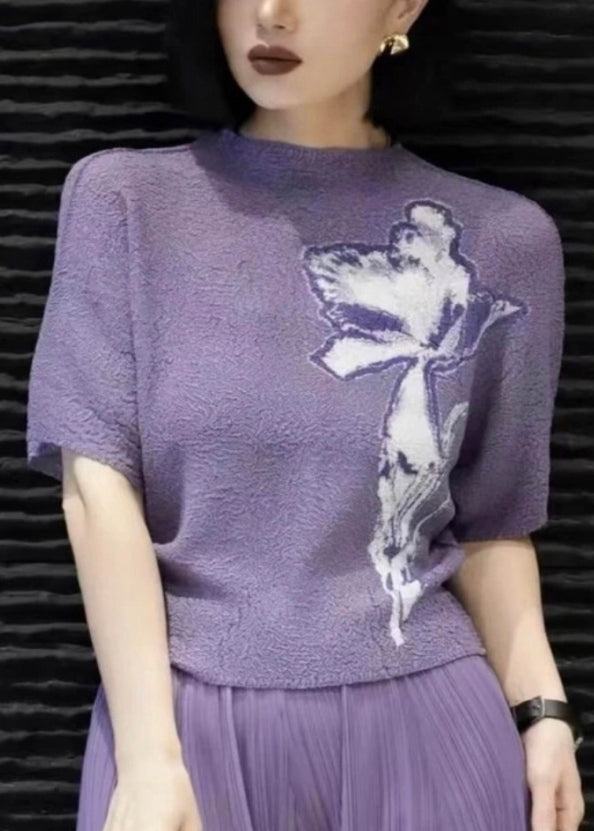 Beige Print Wrinkled Cotton T Shirts Batwing Sleeve