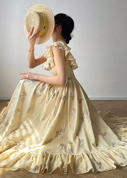Beige Ruffled Backless Print Exra Large Hem Silk Long Dresses Summer