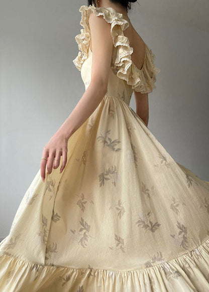 Beige Ruffled Backless Print Exra Large Hem Silk Long Dresses Summer