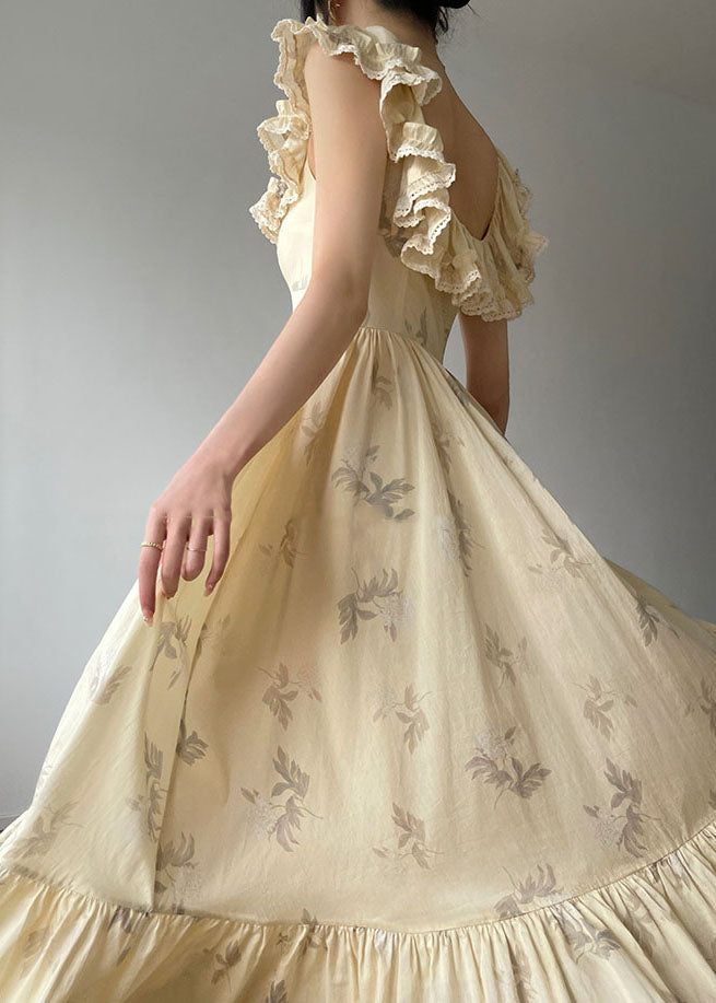 Beige Ruffled Backless Print Exra Large Hem Silk Long Dresses Summer