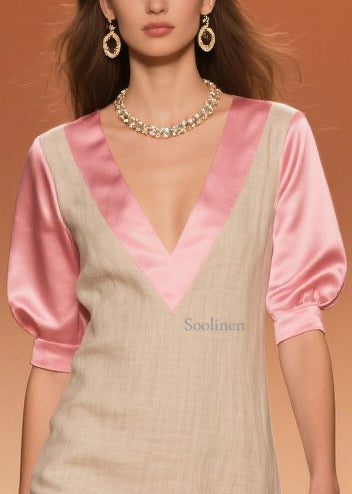 Beige Ruffled Patchwork Linen Silk Fake Two Piece Dress Summer