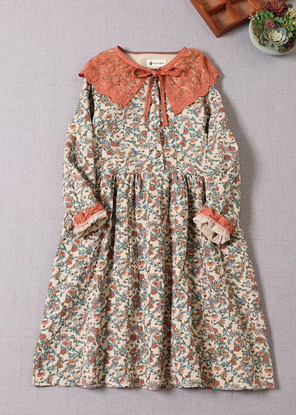 Beige Ruffled Print Cotton Dress Long Sleeve