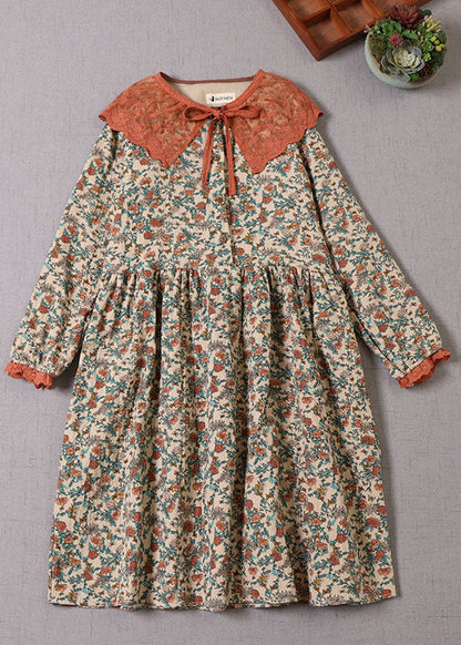 Beige Ruffled Print Cotton Dress Long Sleeve