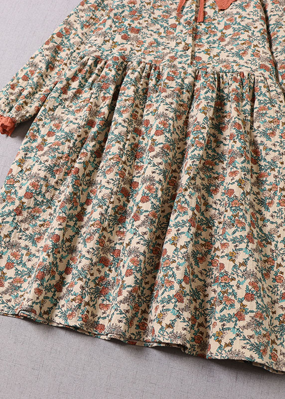 Beige Ruffled Print Cotton Dress Long Sleeve