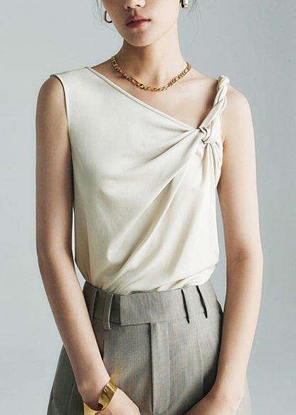Beige Slanted Collar Cinched Tops Sleeveless