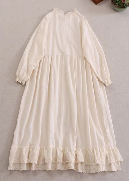 Beige Ruffled Cotton Dresses Long Sleeve