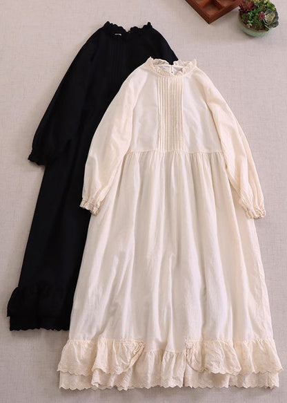 Beige Ruffled Cotton Dresses Long Sleeve