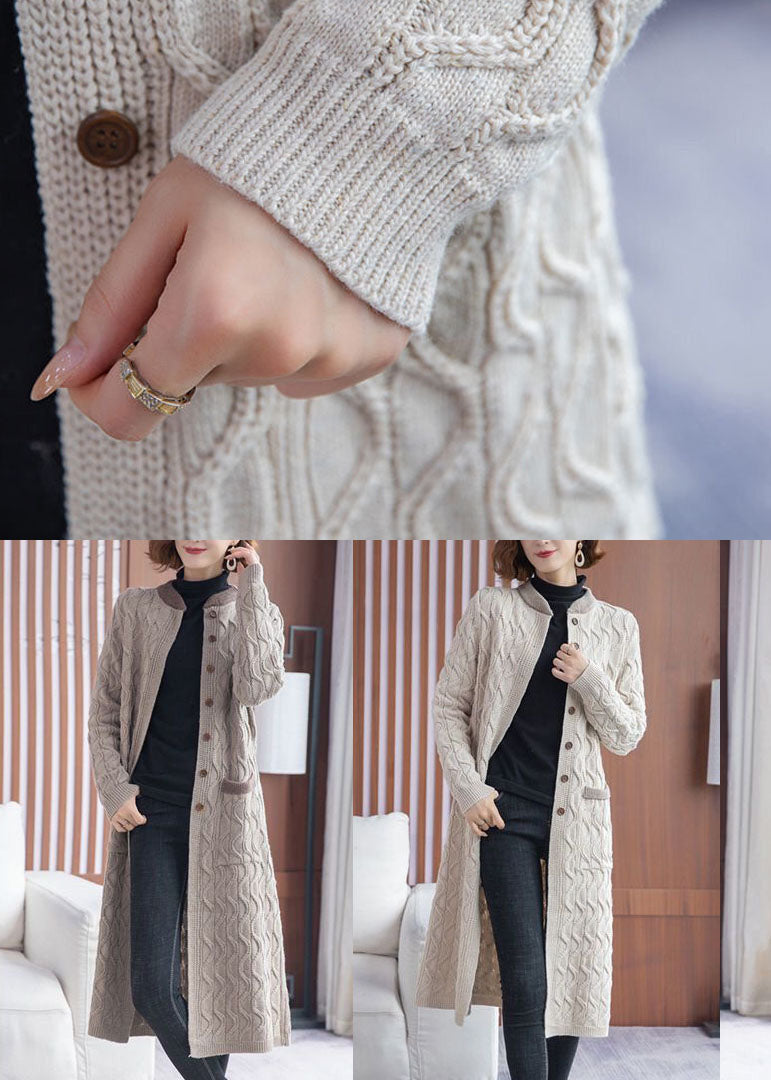 Beige Stand Collar Pockets Knit Long Cardigans Winter
